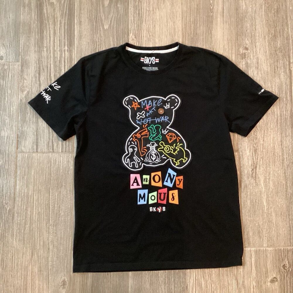 BKYS Women’s Bear Make Art Not War Graphic T-Shirt Size Large Black Hip Hop Rad